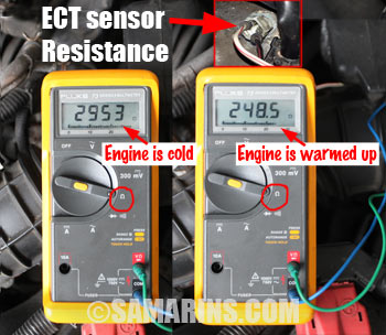 Measuring the resistance of the engine coolant temperature (ECT) sensor.